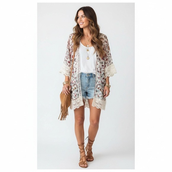 Mason & Belle Kimono Cardigan Medium Floral Crochet Lace Trim Boho Open Front - Picture 7 of 7
